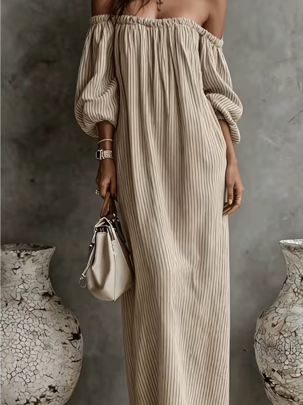 Off-Shoulder Beige Stripe Maxi Dress